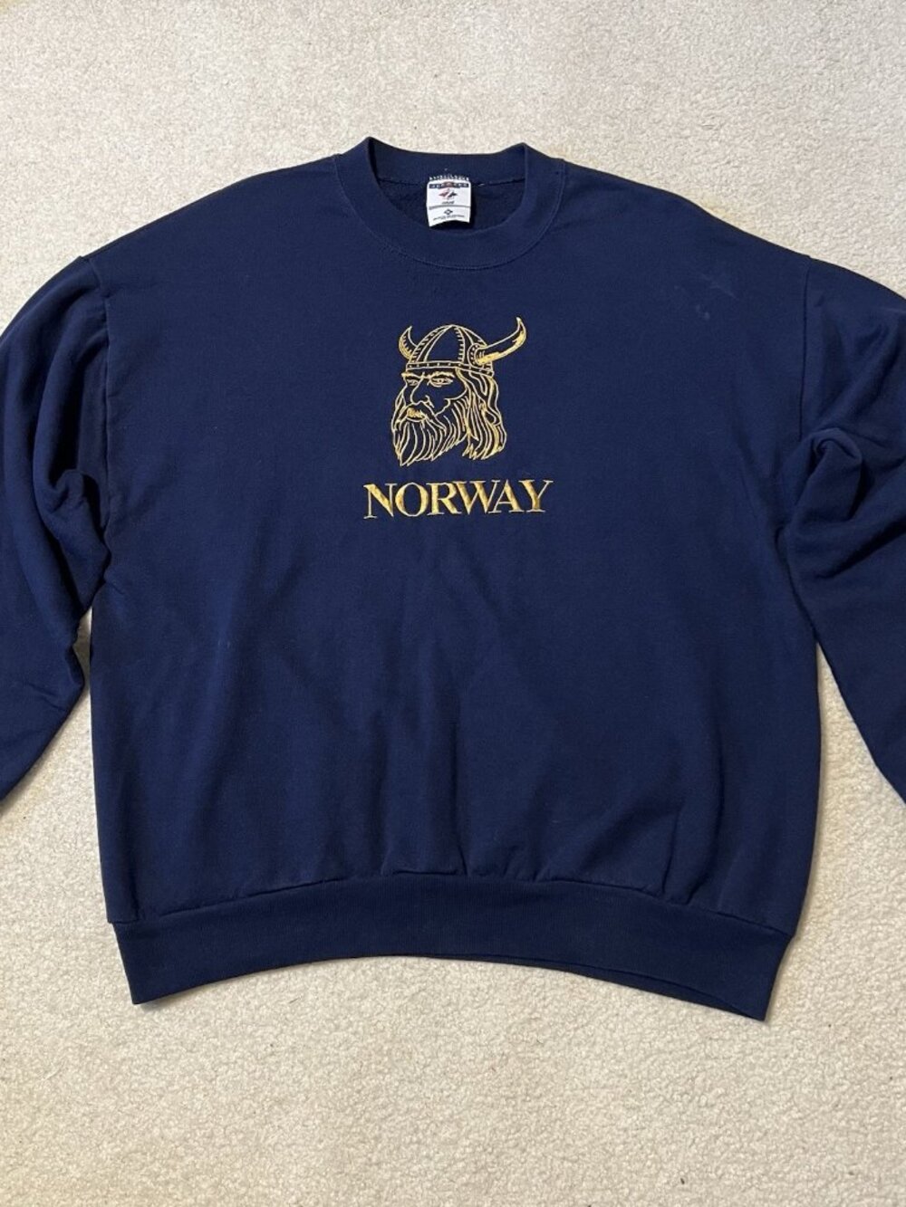 Vintage Jerzees XL Sweatshirt Norway Viking Embroidered Navy Blue Made in USA
